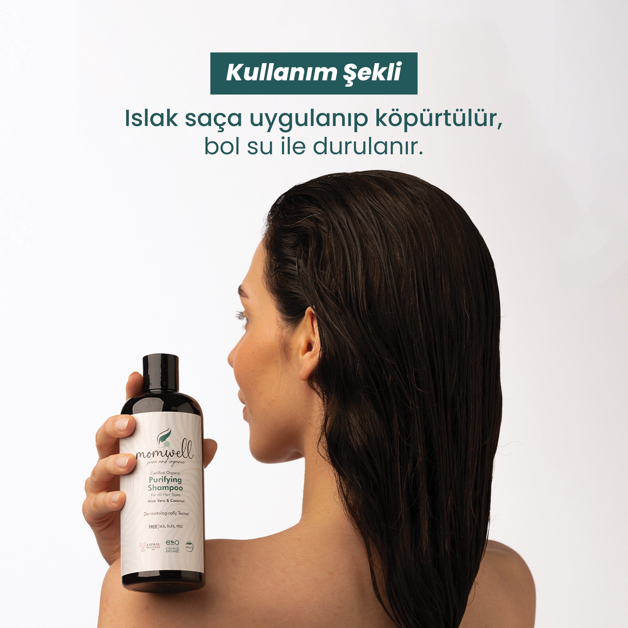 Momwell Arındırıcı Şampuan kullanım şekli – Islak saça uygulanıp köpürtülür, bol su ile durulanır