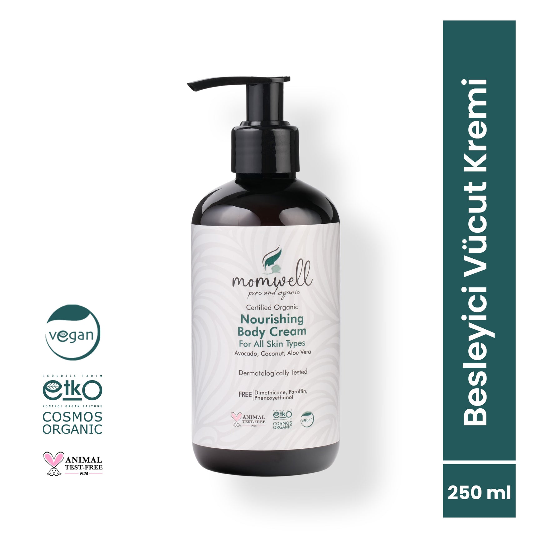 Momwell Besleyici Vücut Kremi 250 ml, avokado, hindistan cevizi ve aloe vera içeren organik formülüyle tüm cilt tiplerini nemlendirir ve besler
