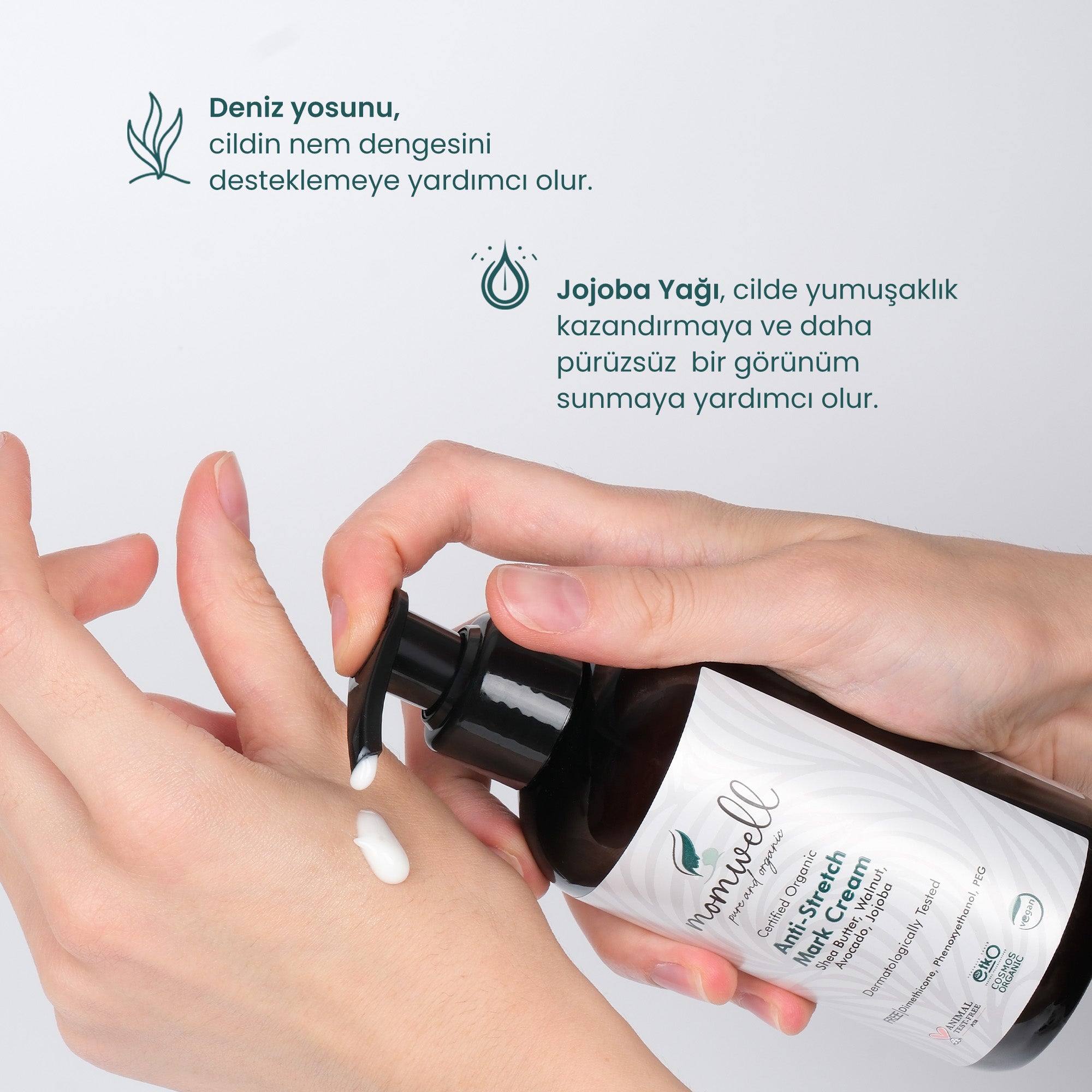 Momwell Çatlak Kremi uygulama görseli – Jojoba ve deniz yosunu destekli formül