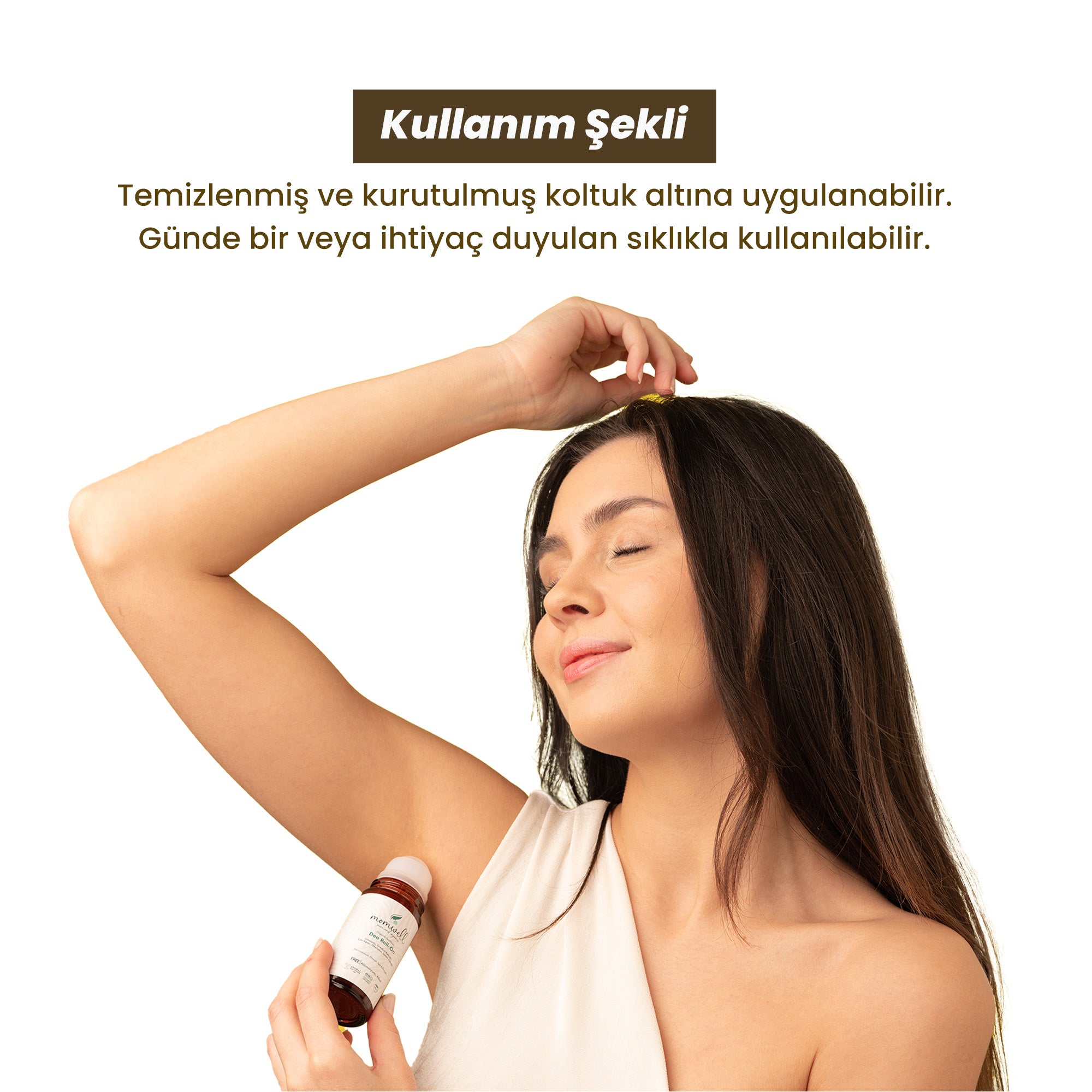 Momwell Organik Roll-on kullanım şekli – Koltuk altı uygulamalı görsel