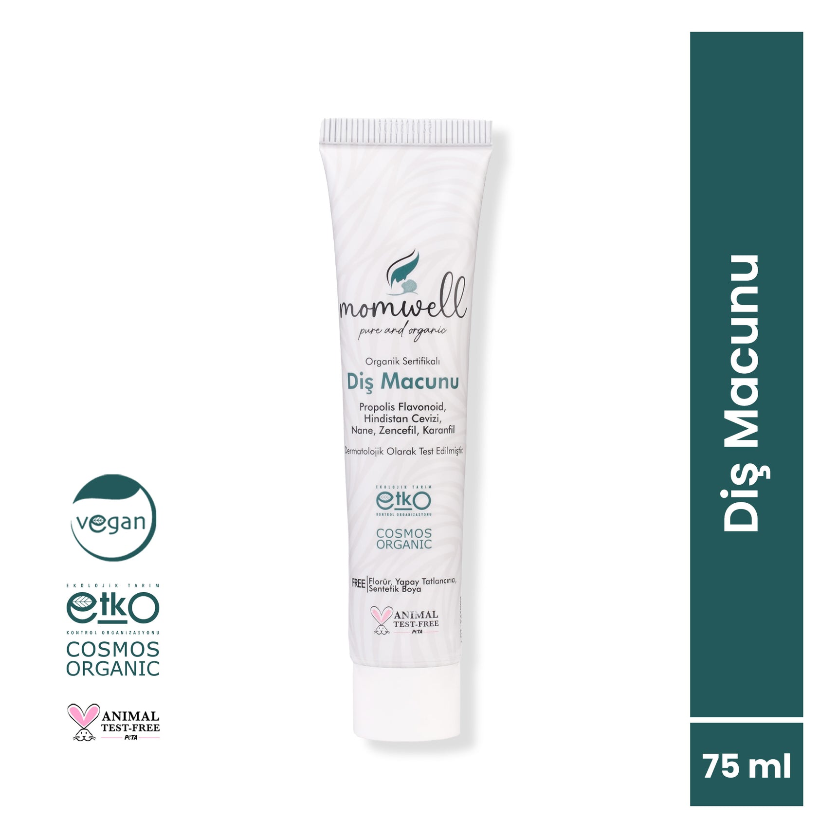 Momwell Organik Sertifikalı Diş Macunu 75 ml – Propolis, Hindistan Cevizi, Nane içerikli