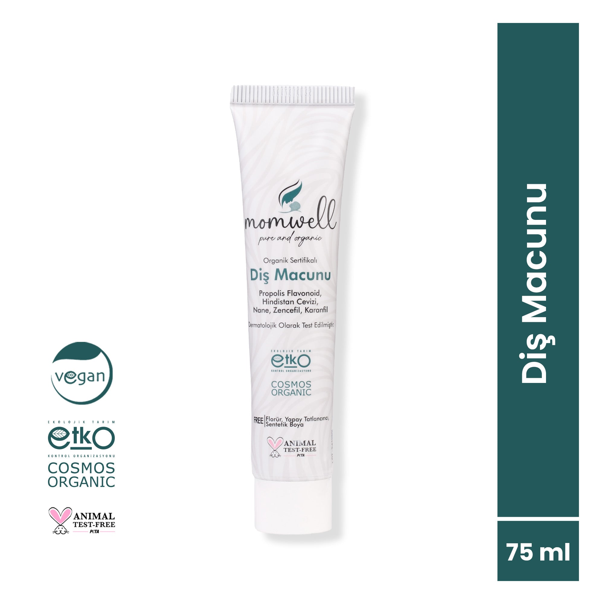 Momwell Organik Sertifikalı Diş Macunu 75 ml – Propolis, Hindistan Cevizi, Nane içerikli