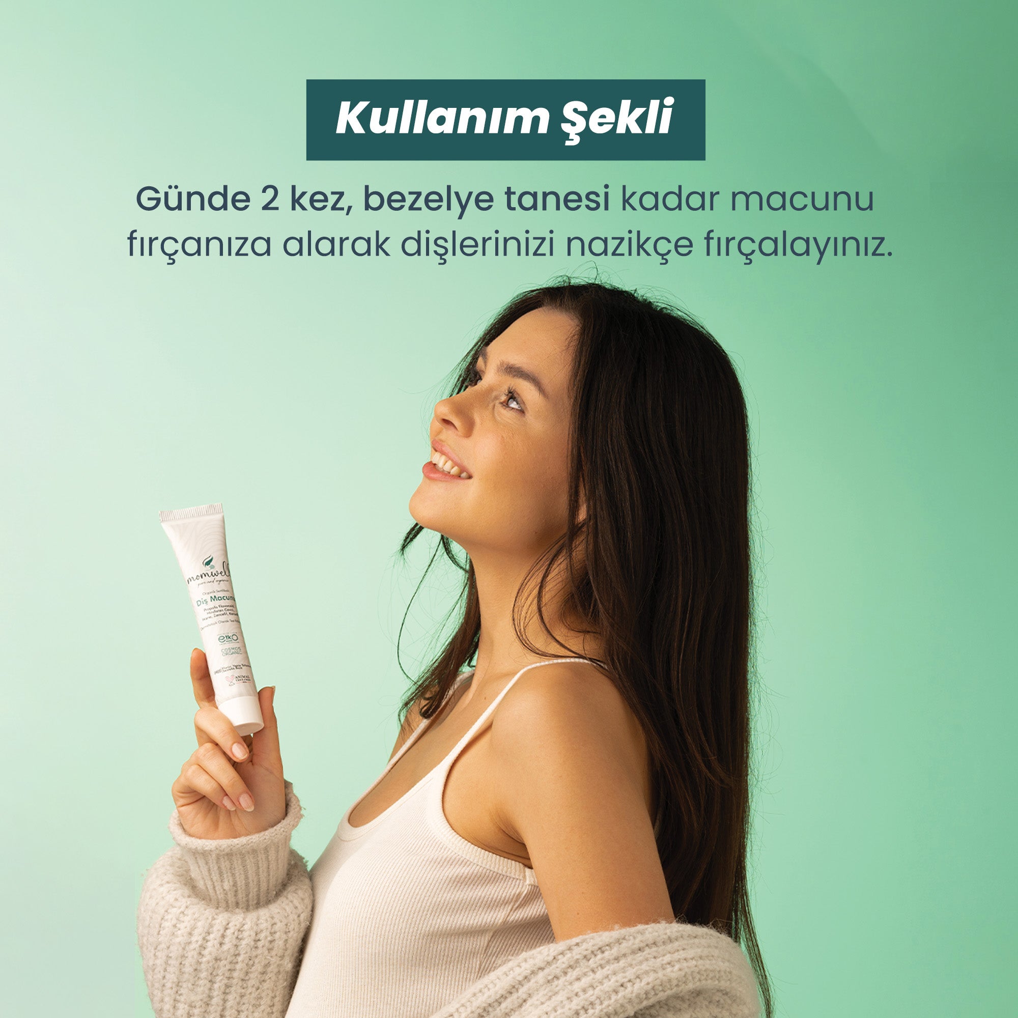Momwell Diş Macunu – Günde 2 kez kullanım önerisiyle kadın modeliyle görsel