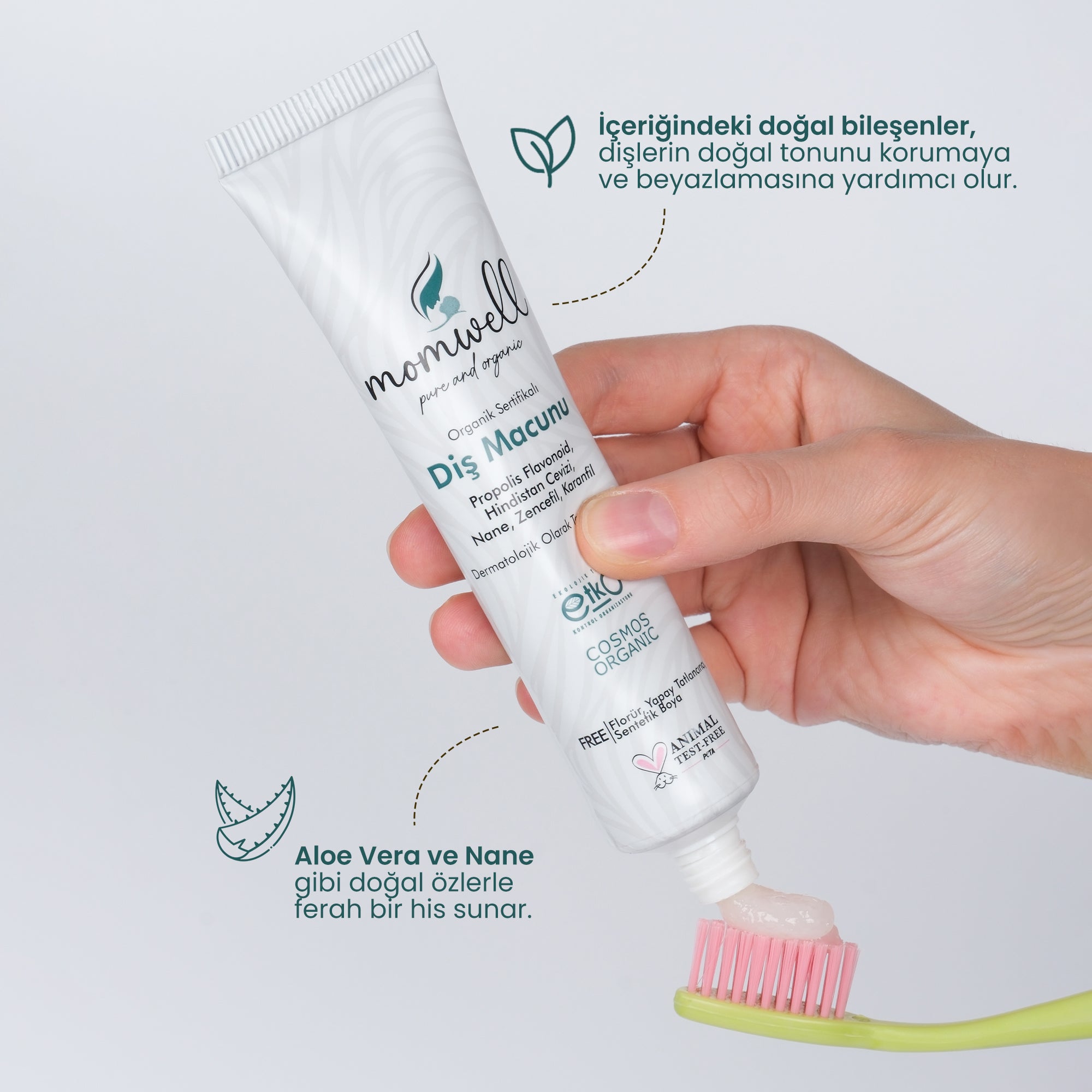 Momwell Diş Macunu kullanım görseli – Aloe vera ve hindistan cevizi içerikli bakım