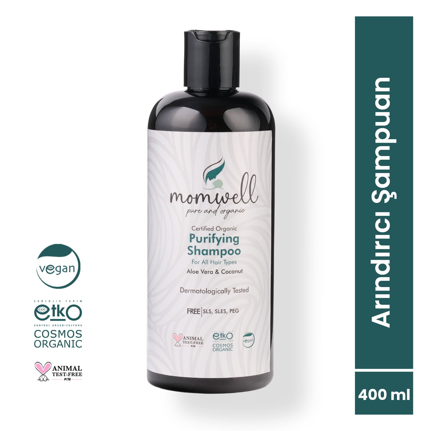 Momwell Organik Arındırıcı Şampuan 400 ml – Aloe Vera ve Hindistan Cevizi özlü, tüm saç tipleri için vegan ve organik şampuan
