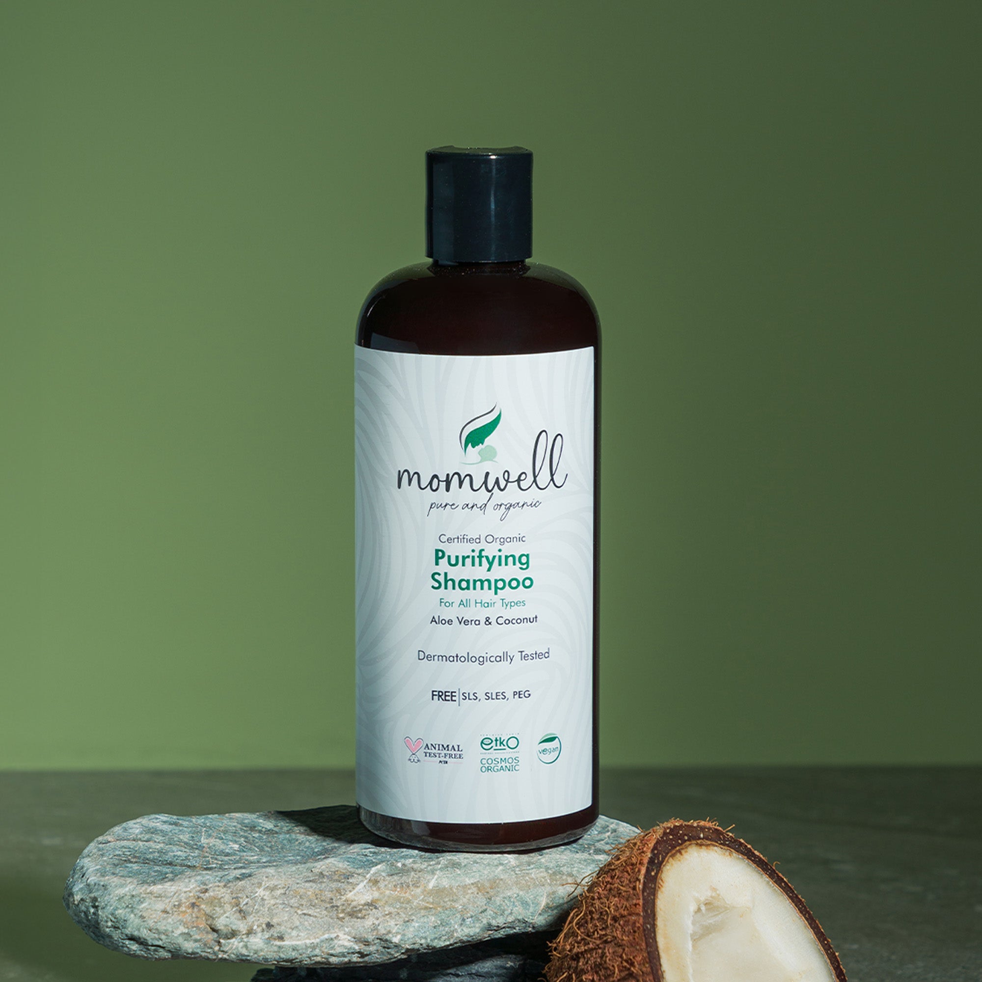 Momwell Organik Arındırıcı Şampuan – Aloe Vera ve Hindistan Cevizi özlü, tüm saç tiplerine uygun, SLS, SLES, PEG içermeyen vegan şampuan