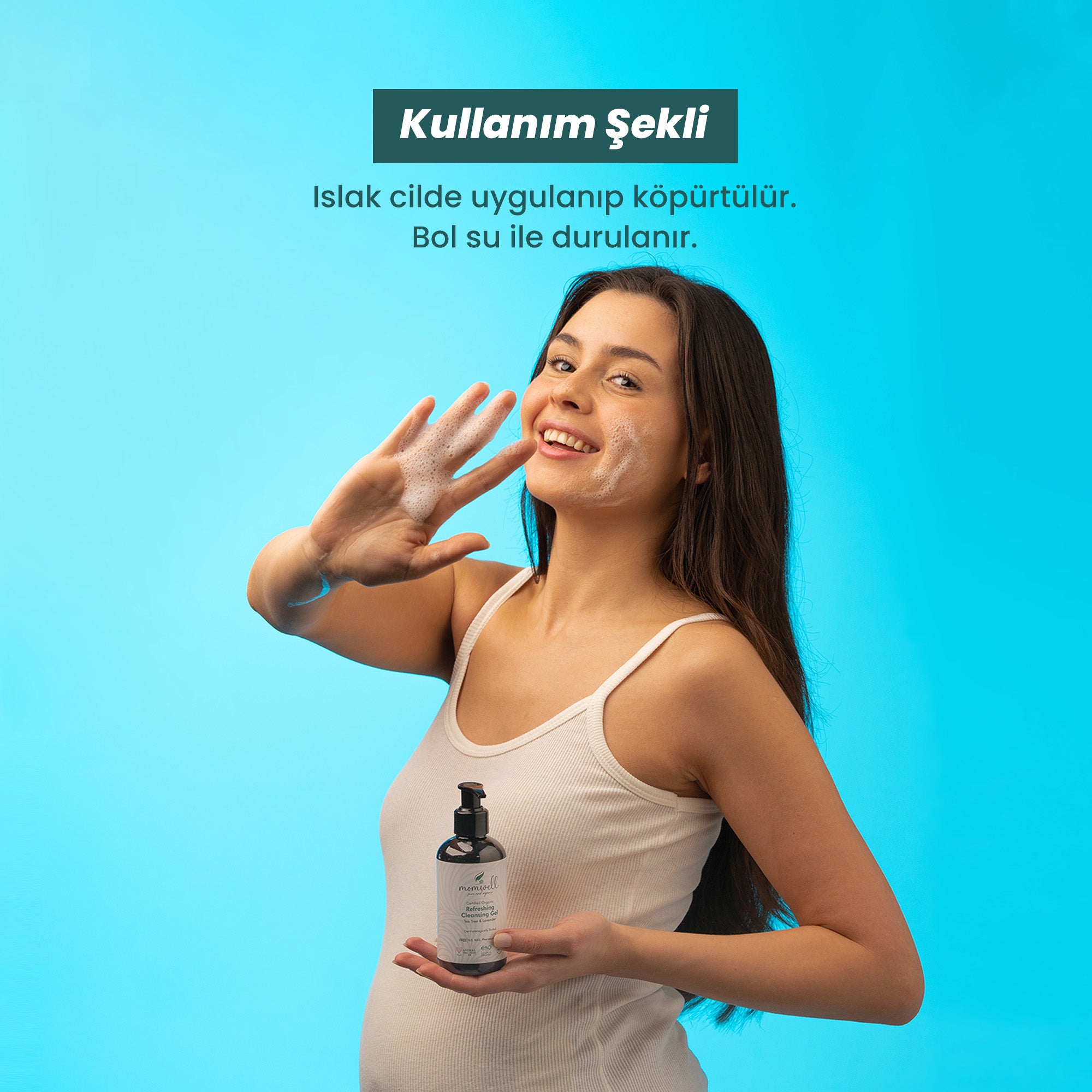 Doğal ve organik içerikli Momwell yüz temizleme jeli, tea tree ve lavanta ile arındırıcı cilt bakımı