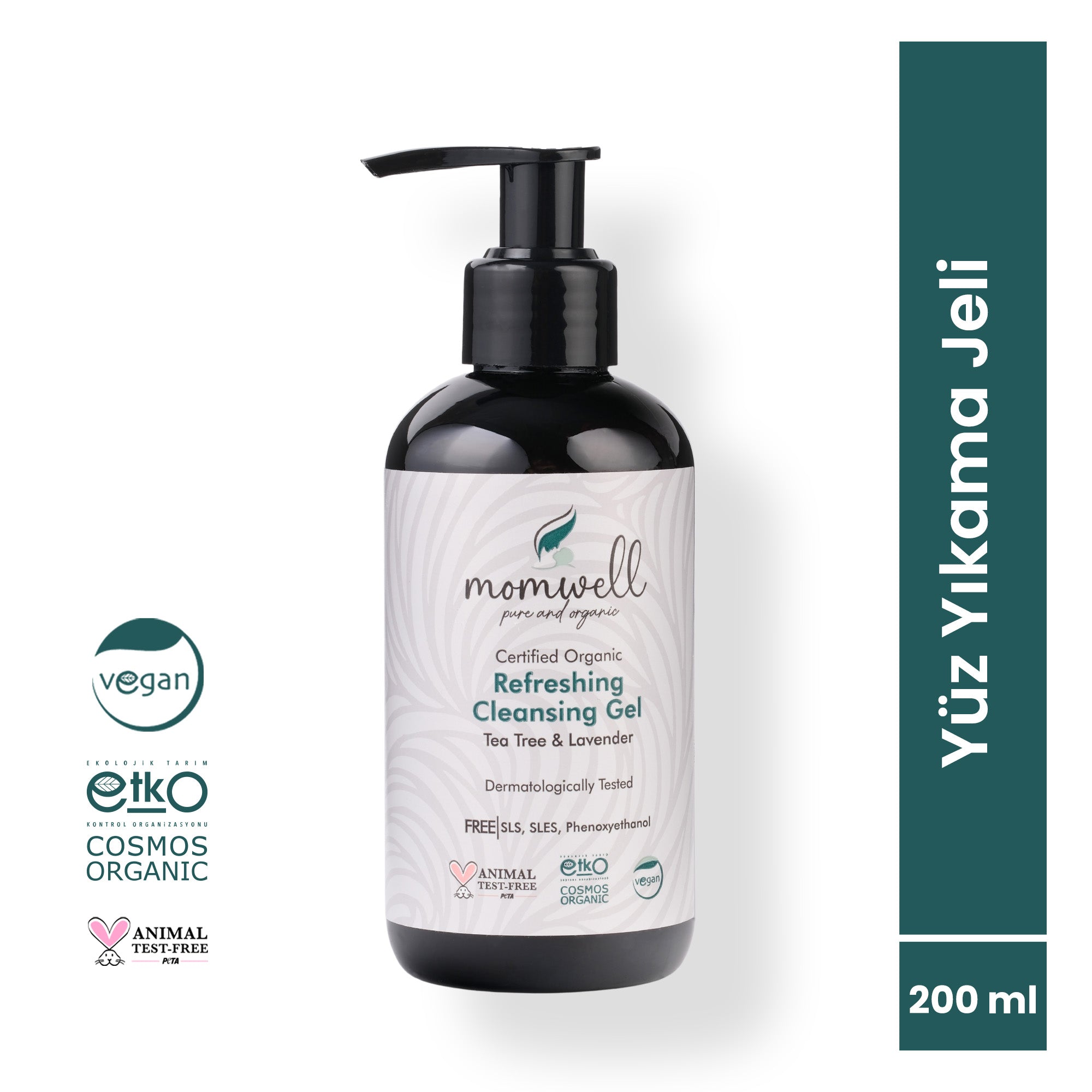 Momwell organik yüz yıkama jeli, tea tree ve lavanta özlü, 200 ml, SLS ve SLES içermeyen vegan cilt temizleyici
