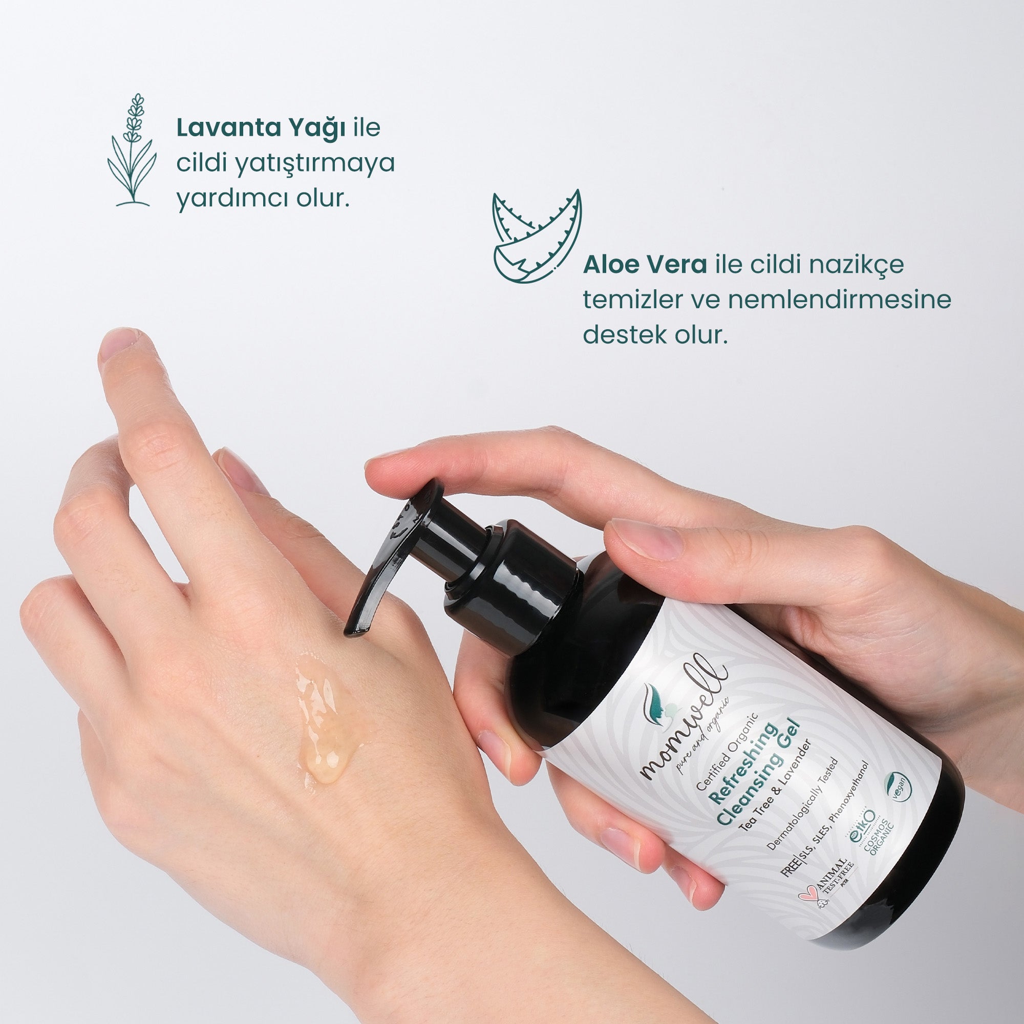 Organik ve vegan sertifikalı Momwell Refreshing Cleansing Gel, tea tree ve lavanta içeren yüz temizleme jeli