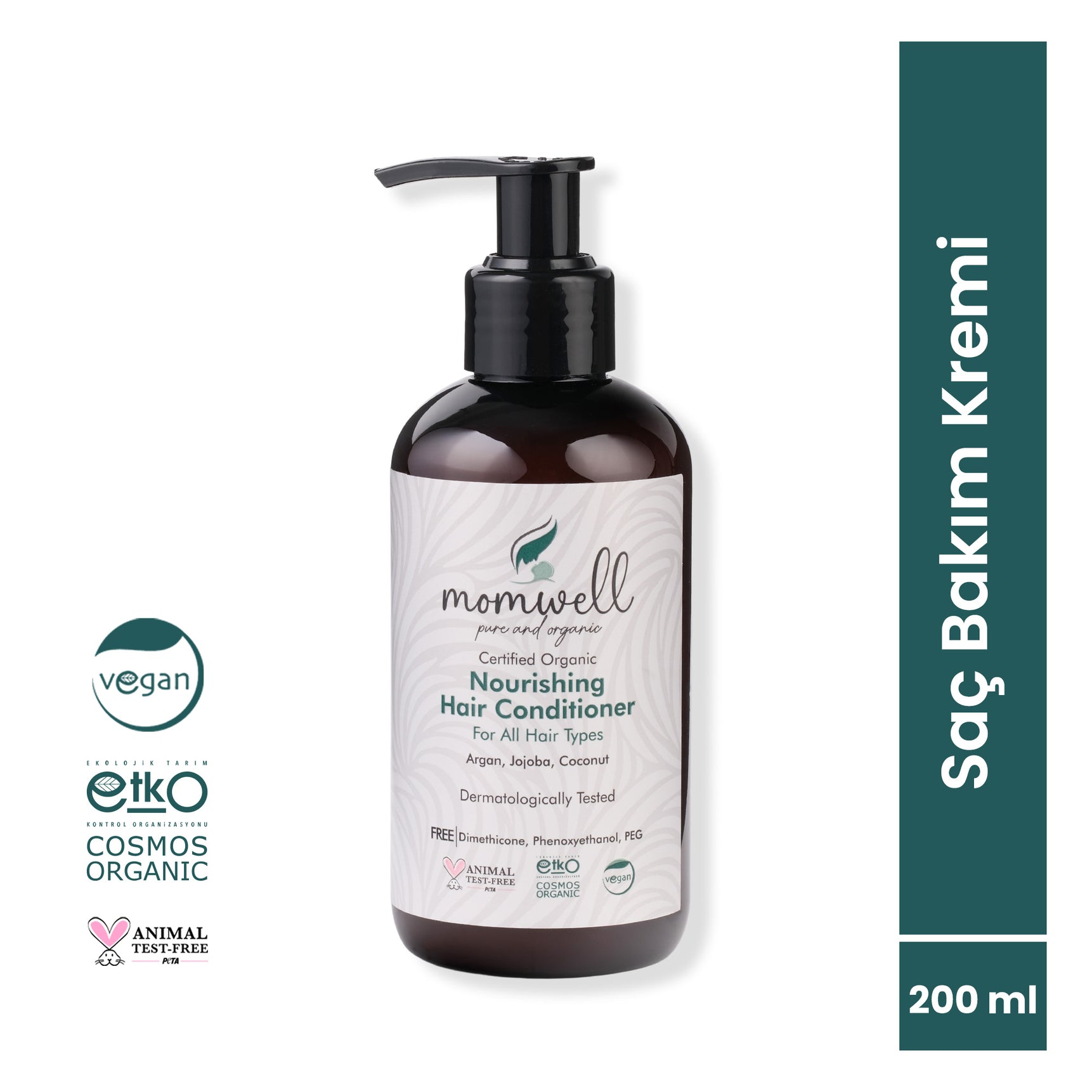 Momwell Saç Bakım Kremi, argan, jojoba ve hindistancevizi içerikli, vegan ve hayvanlar üzerinde test edilmemiş, 200 ml şişe ürün görseli