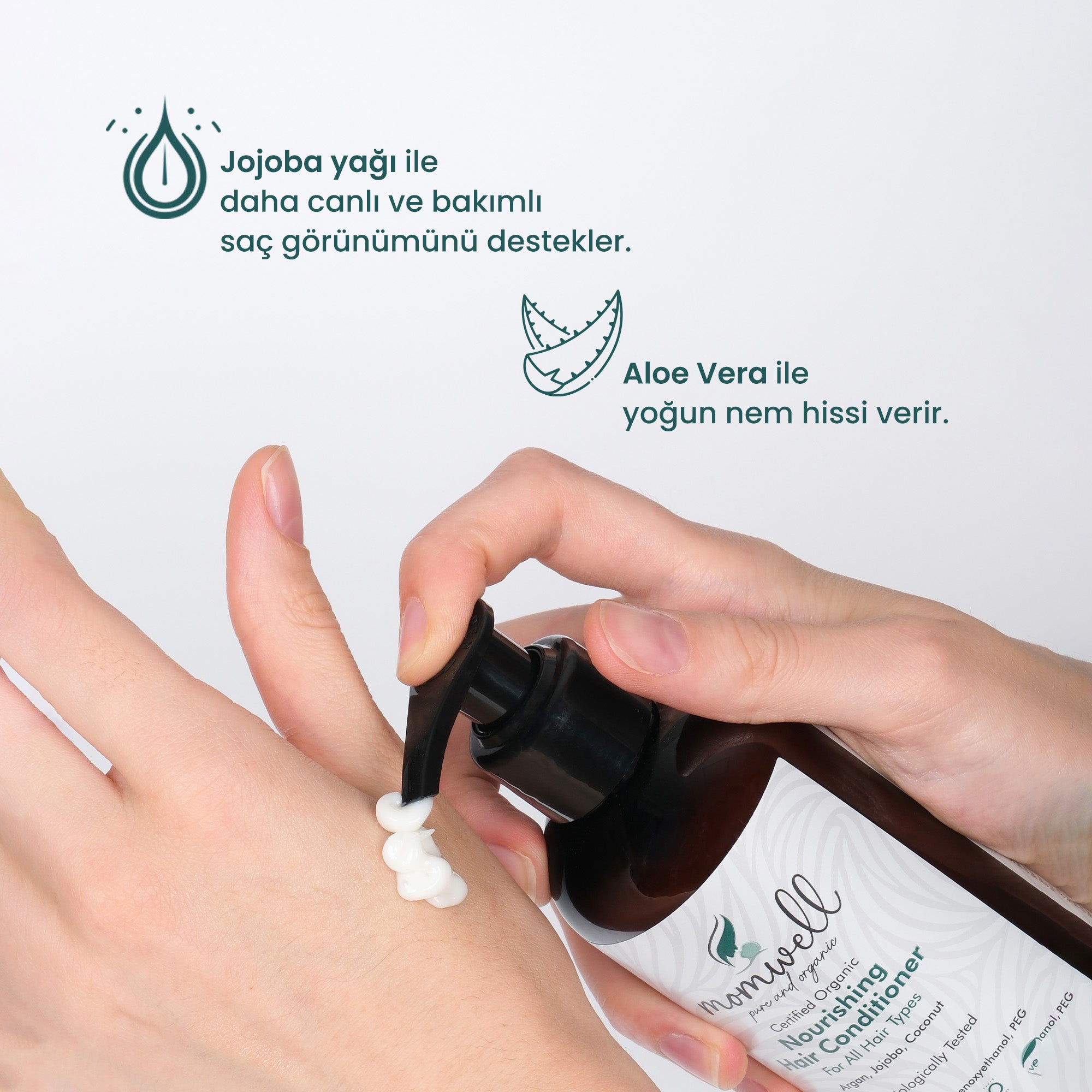 Momwell Saç Bakım Kremi, jojoba yağı ile canlı ve bakımlı saç görünümünü destekleyen, aloe vera ile yoğun nem hissi veren, elde kullanım görselli 200 ml ürün fotoğrafı