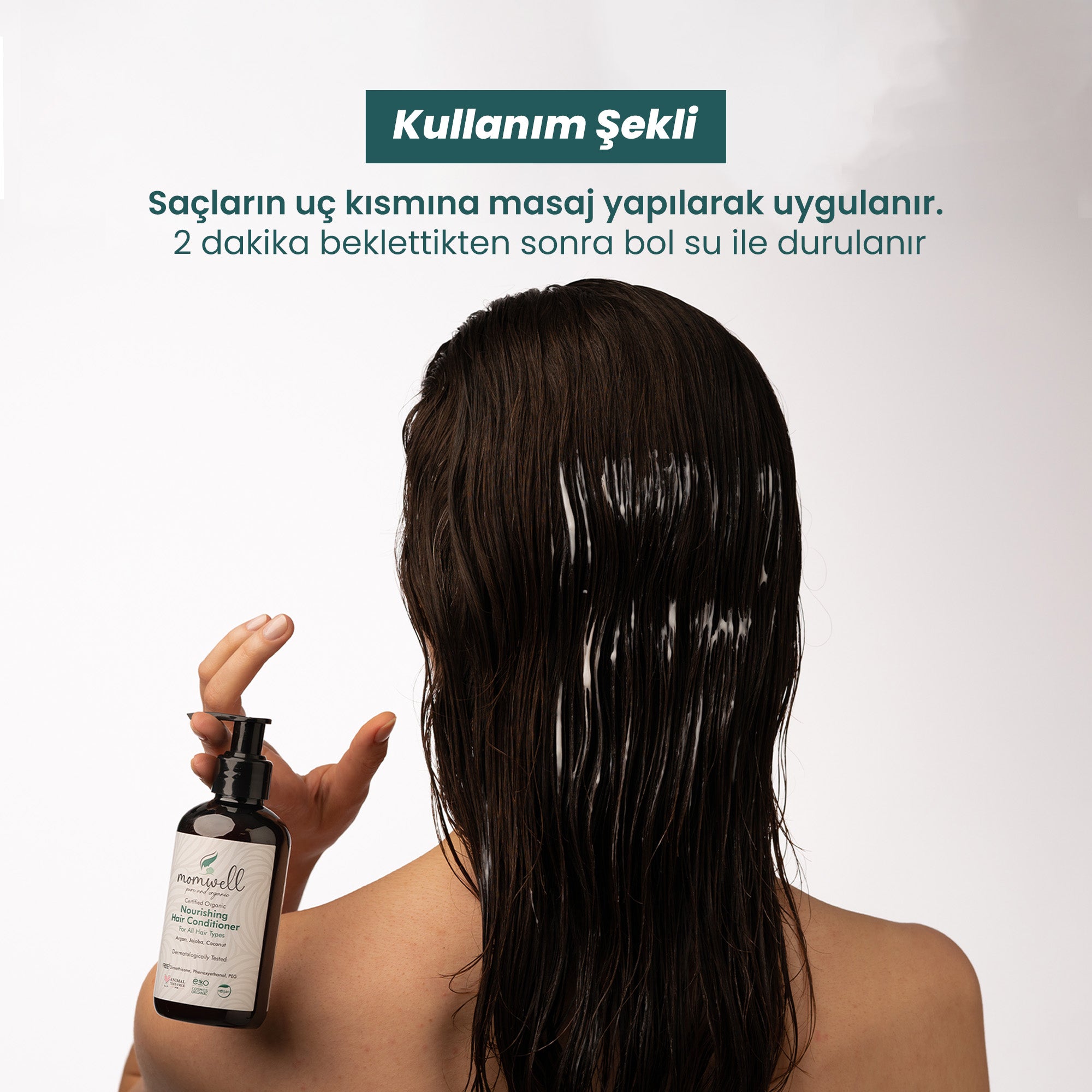 Momwell Saç Bakım Kremi kullanım şekli görseli; ıslak saça uygulanan krem, saç uçlarına masaj yapılarak sürülüyor ve 2 dakika bekledikten sonra durulama talimatı yer alıyor