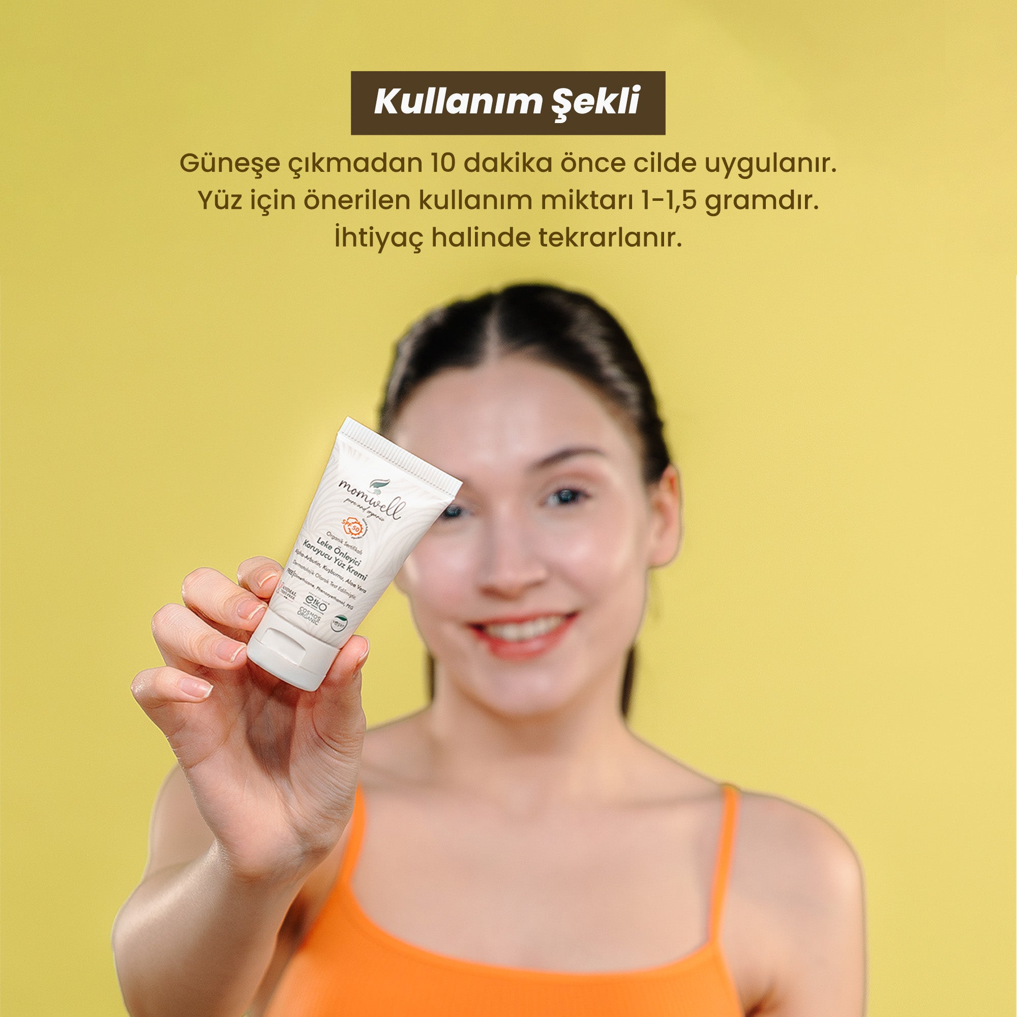 Momwell SPF 50+ Leke Önleyici Koruyucu Yüz Kremi kullanım şekli – güneşe çıkmadan önce uygulanması önerilen organik yüz kremi