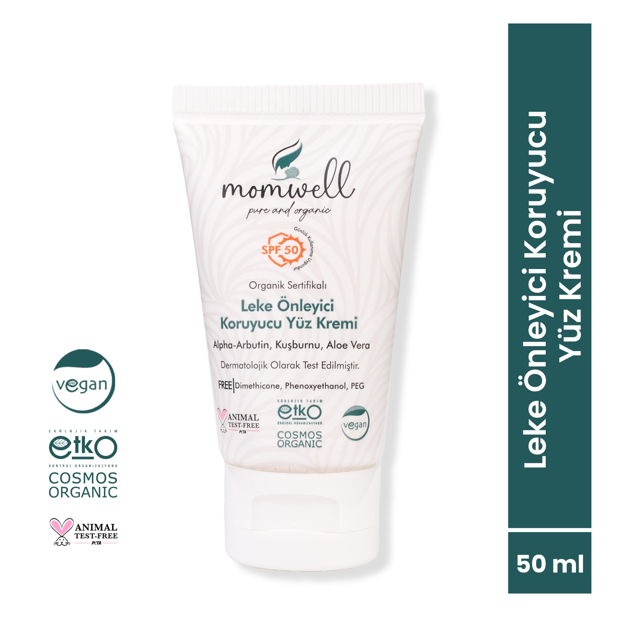 Momwell SPF 50+ Leke Önleyici Koruyucu Yüz Kremi – Organik içerikli güneş koruması, leke karşıtı bakım, 50 ml