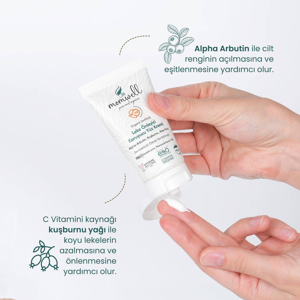 Momwell SPF 50 Leke Önleyici Yüz Kremi – Alpha Arbutin ve Kuşburnu Yağı ile cilt tonu eşitleme ve leke karşıtı bakım