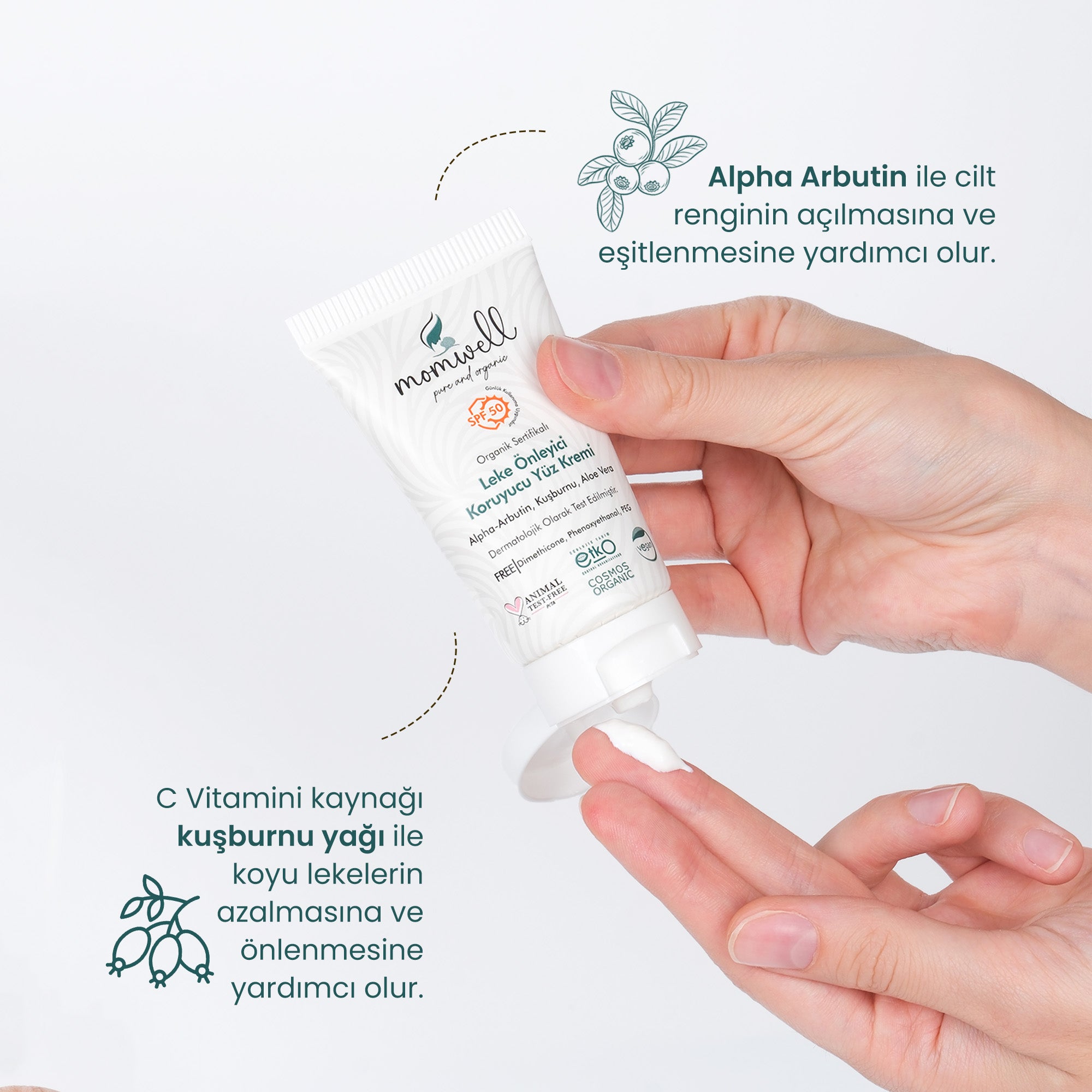 Momwell SPF 50 Leke Önleyici Yüz Kremi – Alpha Arbutin ve Kuşburnu Yağı ile cilt tonu eşitleme ve leke karşıtı bakım