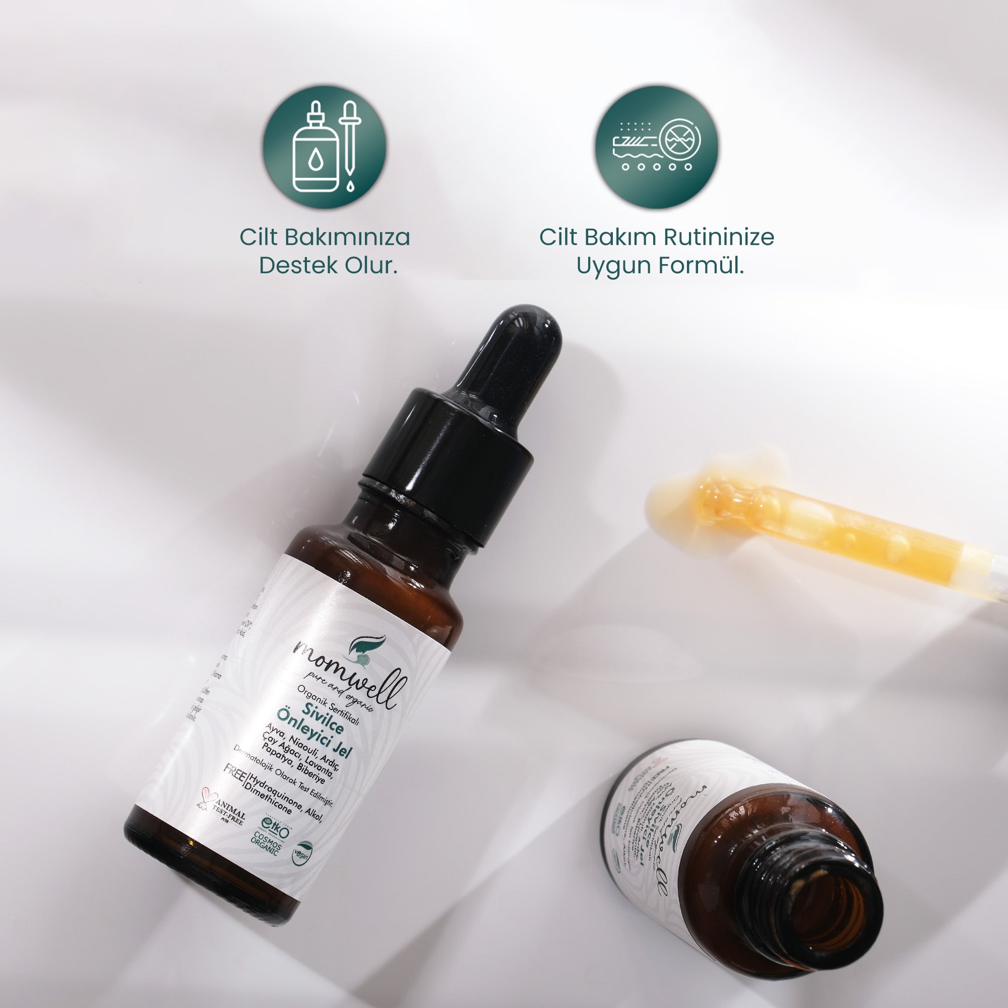 Vegan ve organik sertifikalı Momwell sivilce önleyici jel, 20 ml damlalık şişe